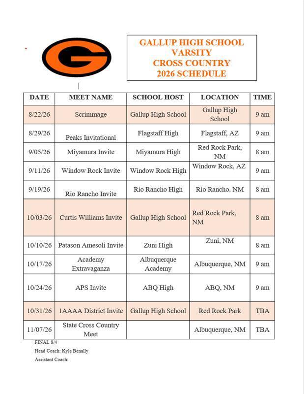 Gallup High School Varsity Cross Country 2026 Schedule