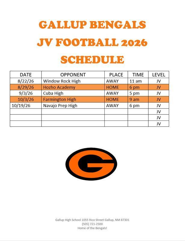 Gallup Bengals JV Football 2026 Schedule