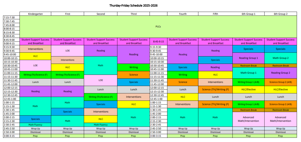 Schedule for Crownpoint Elementary Monday-Wednesday and Thursday-Friday