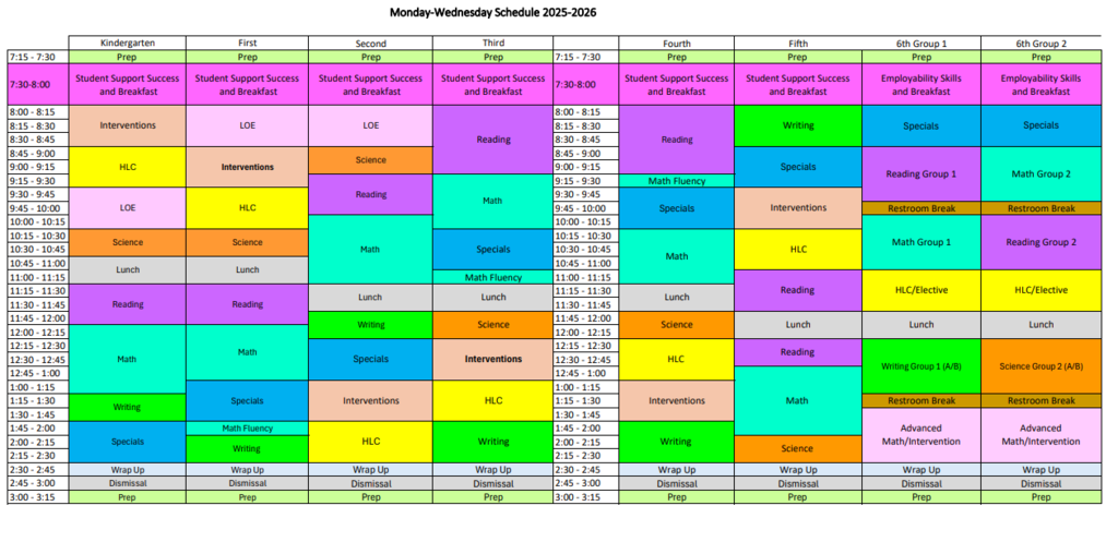 Schedule for Crownpoint Elementary Monday-Wednesday and Thursday-Friday