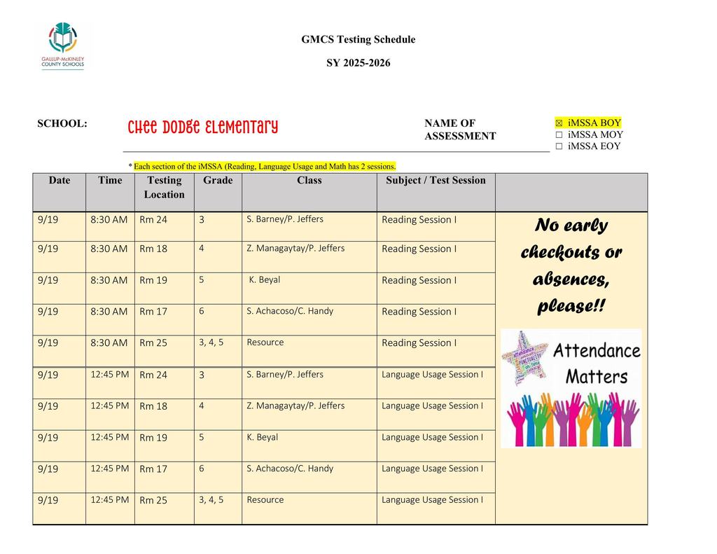 Chee Dodge iMMSA begininng of the year schedules for 3rd 4th, 5th, and 6th grade.