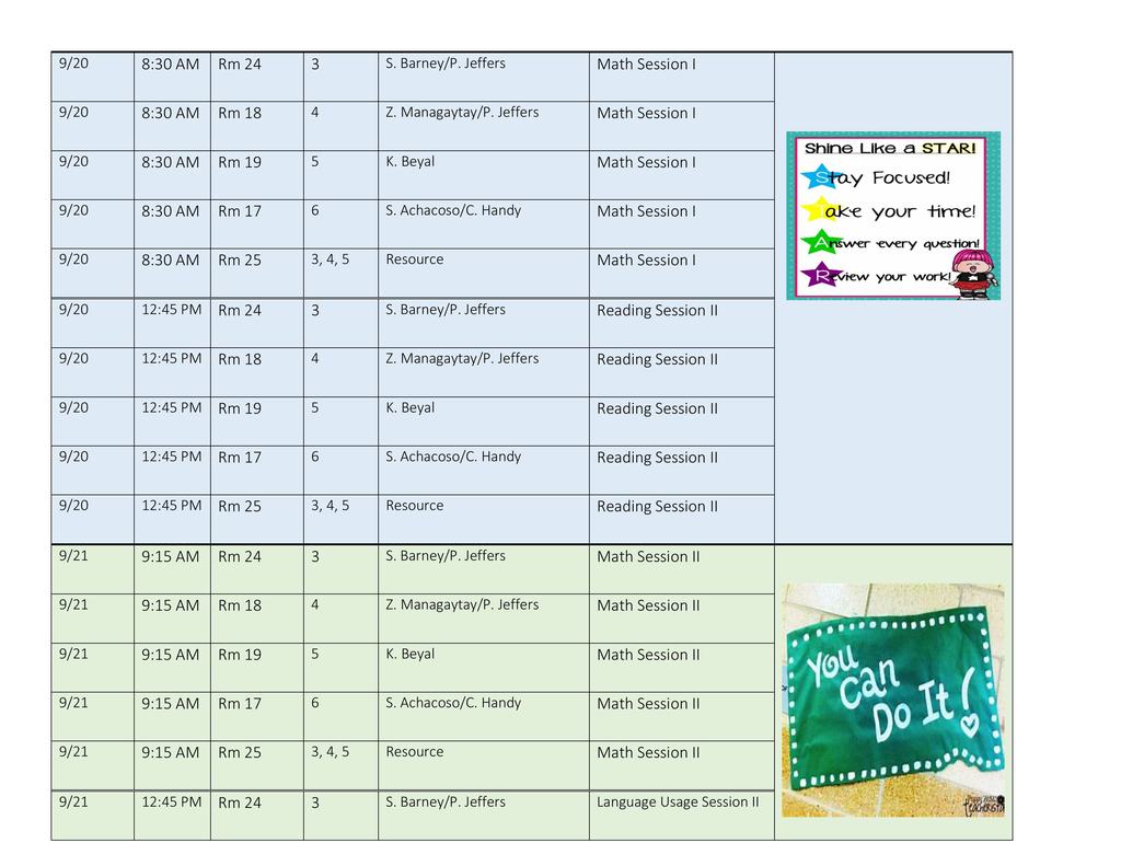 Chee Dodge iMMSA begininng of the year schedules for 3rd 4th, 5th, and 6th grade.