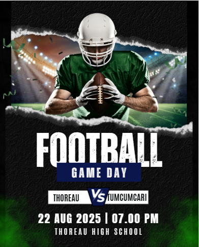 Green and black background, football player, white words