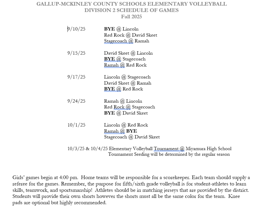 Elementary Volleyball Schedule 