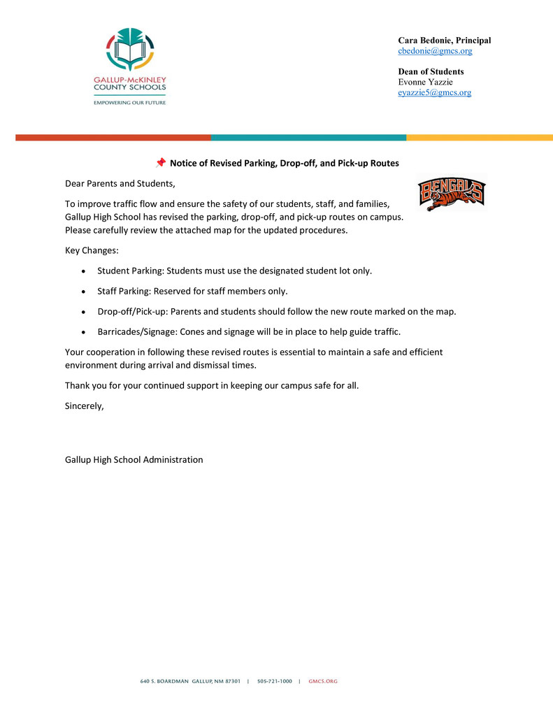 Letter from Gallup High School Administration: Notice of Revised parking, Drop-off, and Pick-up Routes. 