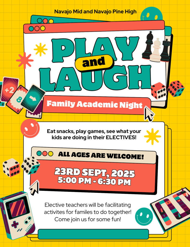Play & Laugh Family Activity Night, Sept 23rd, 5 PM - 6:30 PM. Elective teachers will be facilitating activities for families to do together! Come join us for some fun!