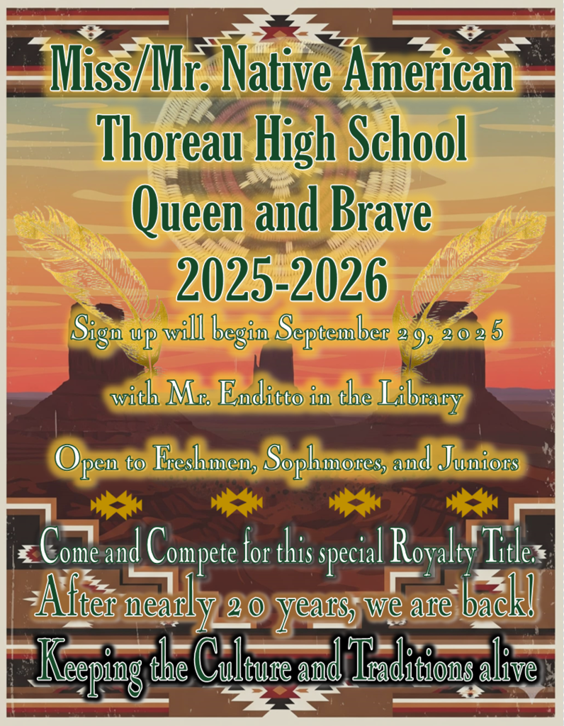 Native American Themed flyer, Orange to red sunset with mesa in the back, Navajo looking border with white wording