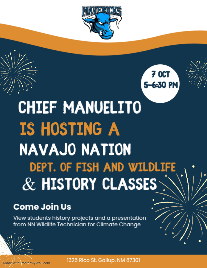 🪶 Join Us for a Special Evening at Chief Manuelito Middle School! 🏫 Chief Manuelito Middle School is excited to host the Navajo Nation Department of Fish & Wildlife in collaboration with our History classes! 🌎 Come explore student history projects and enjoy a fascinating presentation on Climate Change from a Navajo Nation Wildlife Technician. 📅 Date: October 7th 🕔 Time: 5:00 – 6:30 PM 📍 Location: 1325 Rico St, Gallup Don’t miss this opportunity to learn, connect, and celebrate student learning and Navajo Nation expertise