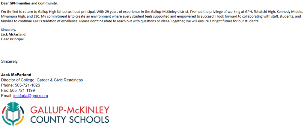 Message from GHS Principal