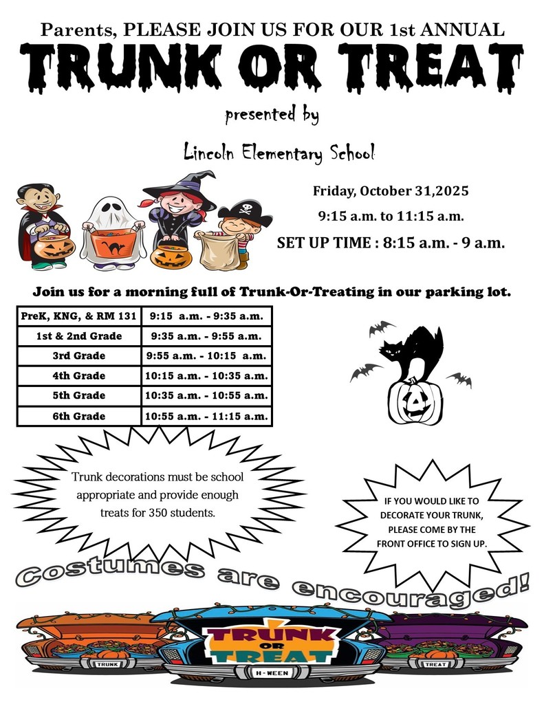 Volunteers needed for Trunk or Treat Activity Friday 10/31. 