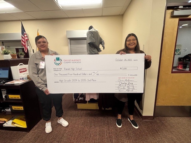 Ms. Panteah and Ms. Dishta holding the large check from the school district.