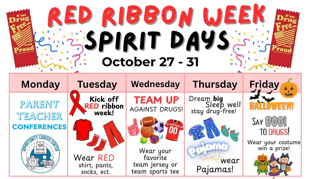 Red Ribbon Week Calendar for October 27th to the 31st