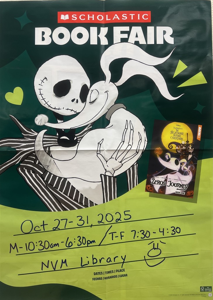 This is a flyer for the bookfair at Navajo Mid School. It has Jack who is a skeleton from the Nightmare before Christmas on it with his dog. 