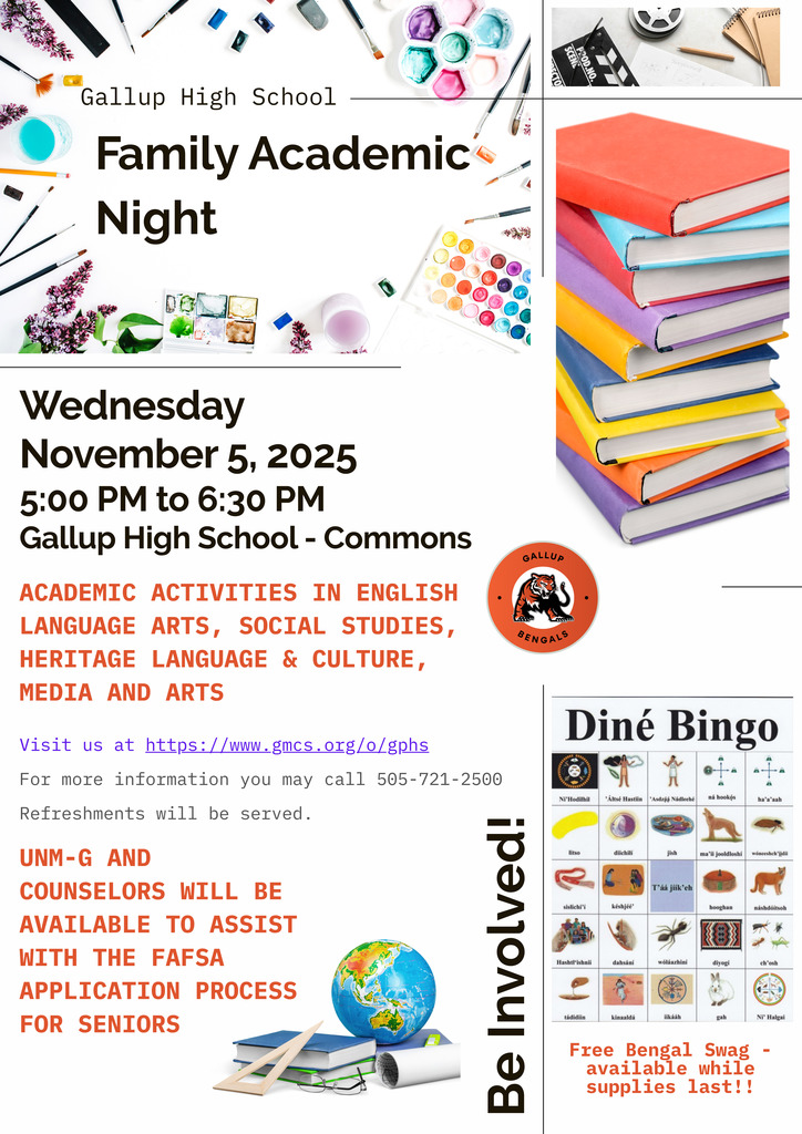 Gallup High School Family Academic Night schedule on November 5, 2025 from 5:00 PM to 6:30 PM in the commons. 