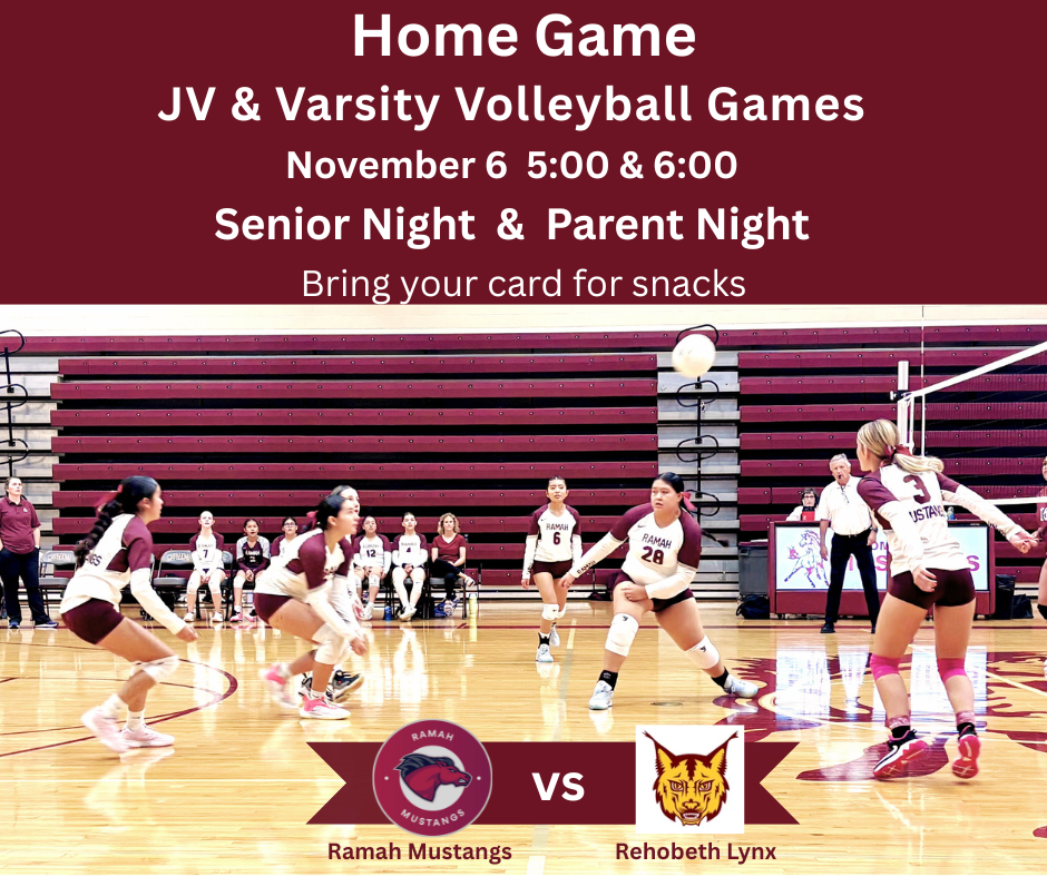 Ramah JV & Varsity Volleyball Home Game. Ramah vs Rehobeth. This will be the Senior Night and Parent Night. Come support the Lady Mustangs. 