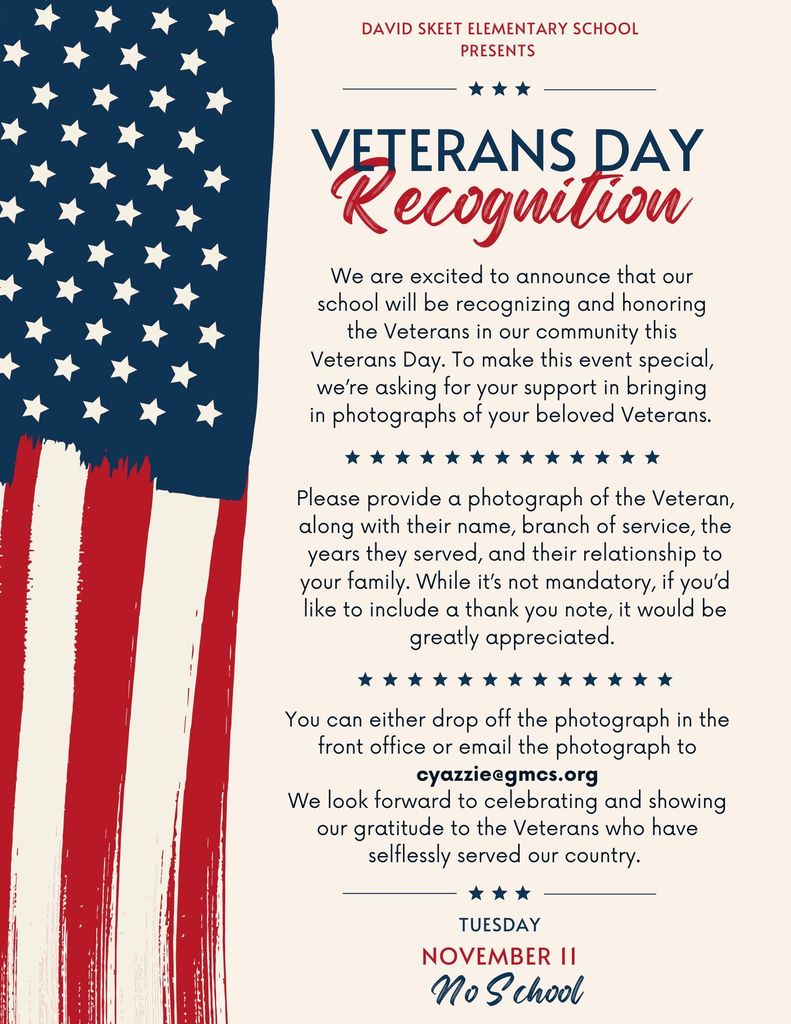 Veterans Day, Nov 11, Support your Veteran by providing a picture to DSE.