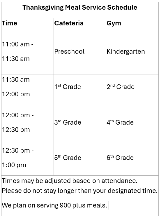 Thanksgiving Meal Service Schedule 