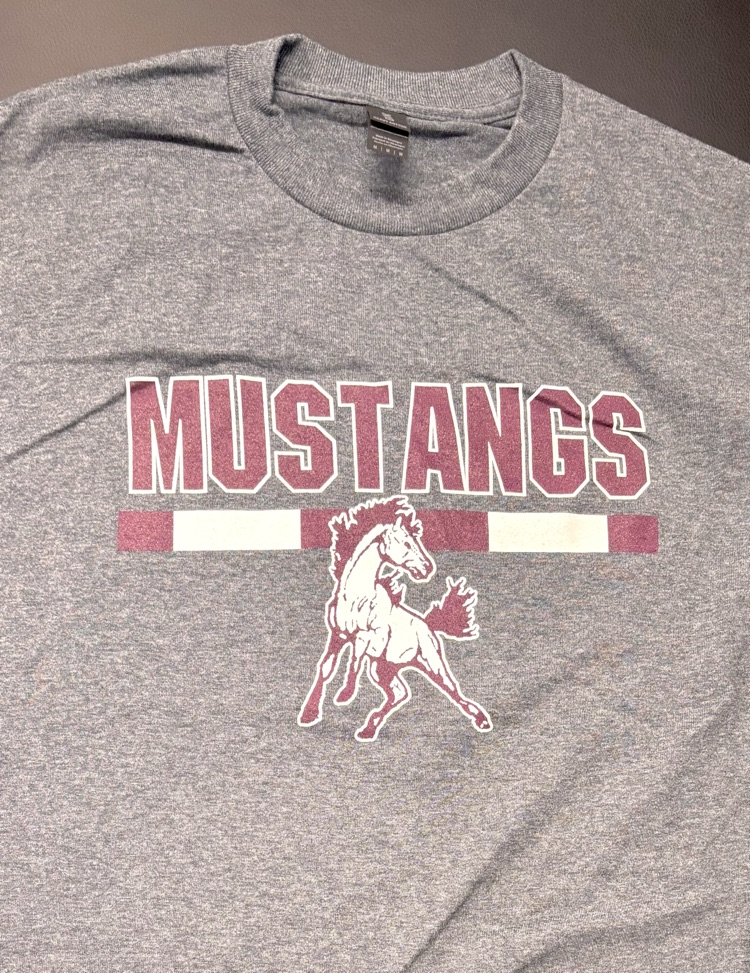 mustang shirt grey with maroon writing and mustang logo