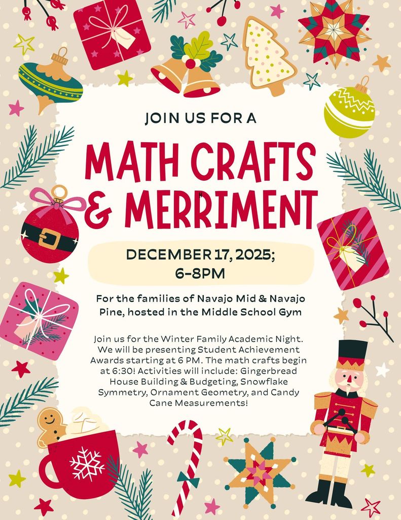 Christmas Family Craft Night: Math, Crafts, and Merriment NPH and NVM are hosting a joint Family Night on December 17th in the NVM Cafeteria from 6:00pm-7:30pm! Join us for food, fun, and family craft time!