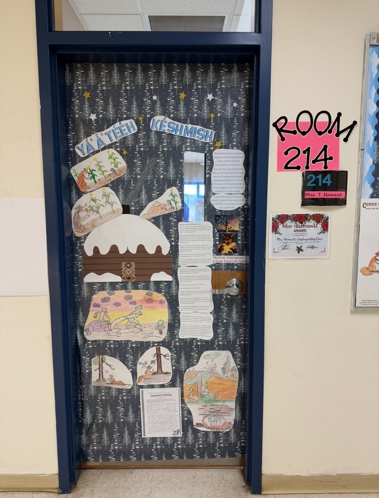 Mrs. Howard's door features coyote stories and a hogan