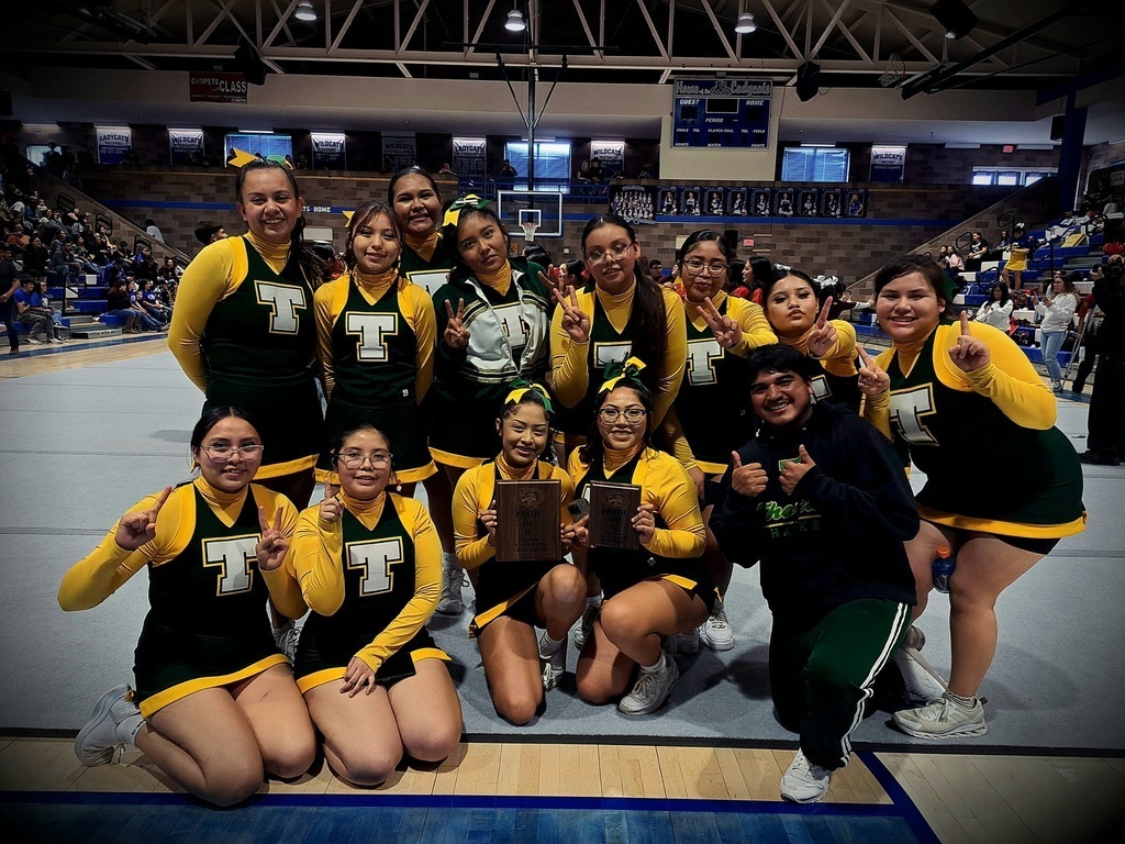 cheer team, gym bleacher green and white uniforms 