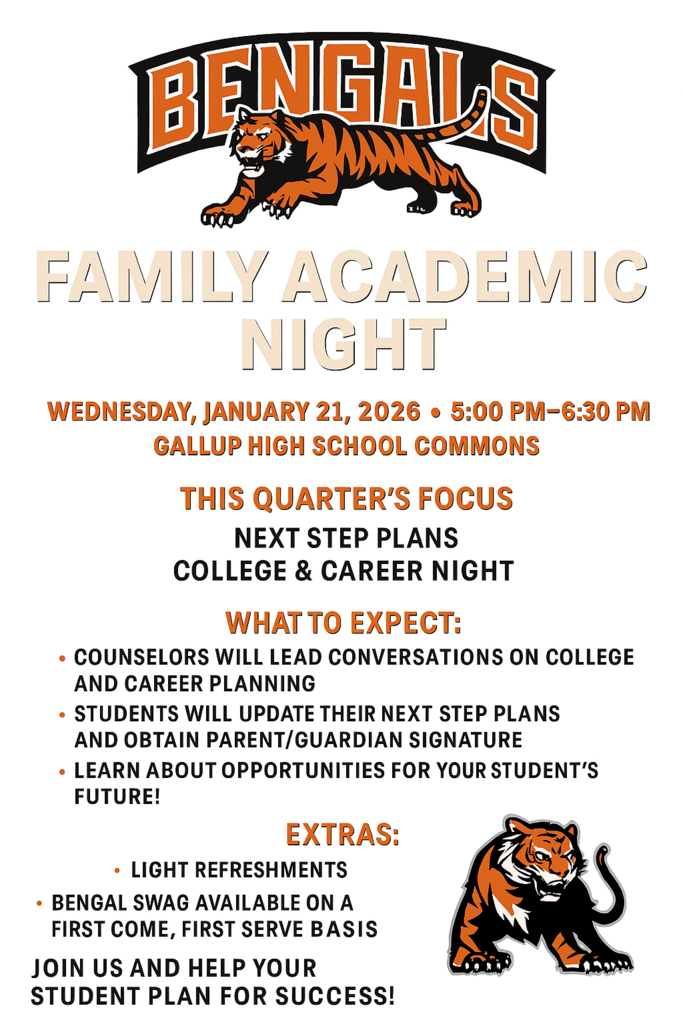 Gallup High School Family Academic Night Flyer for Wednesday January 21, 2026
