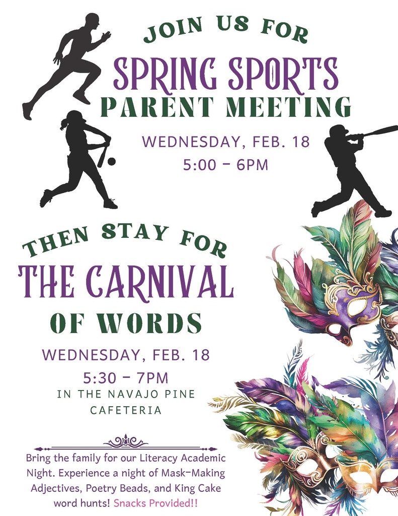Poster for Spring Sports Parent Meeting and Carnival of Words. Shows silhouettes of athletes and colorful feathers. Date and time on poster.