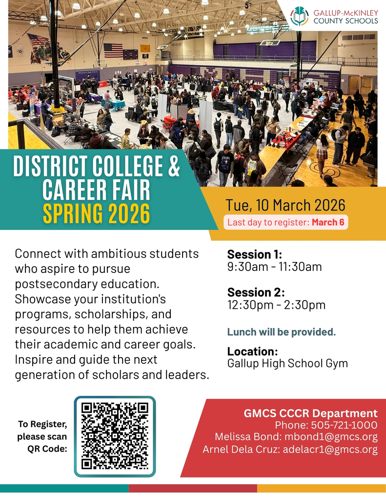 Event flyer for District College and Career Fair Spring 2026. Details include sessions, location, and QR code for registration.
