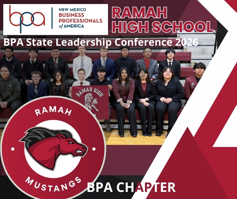 Students sitting. in a gym with caption that reads BPA State leadership conferewnce