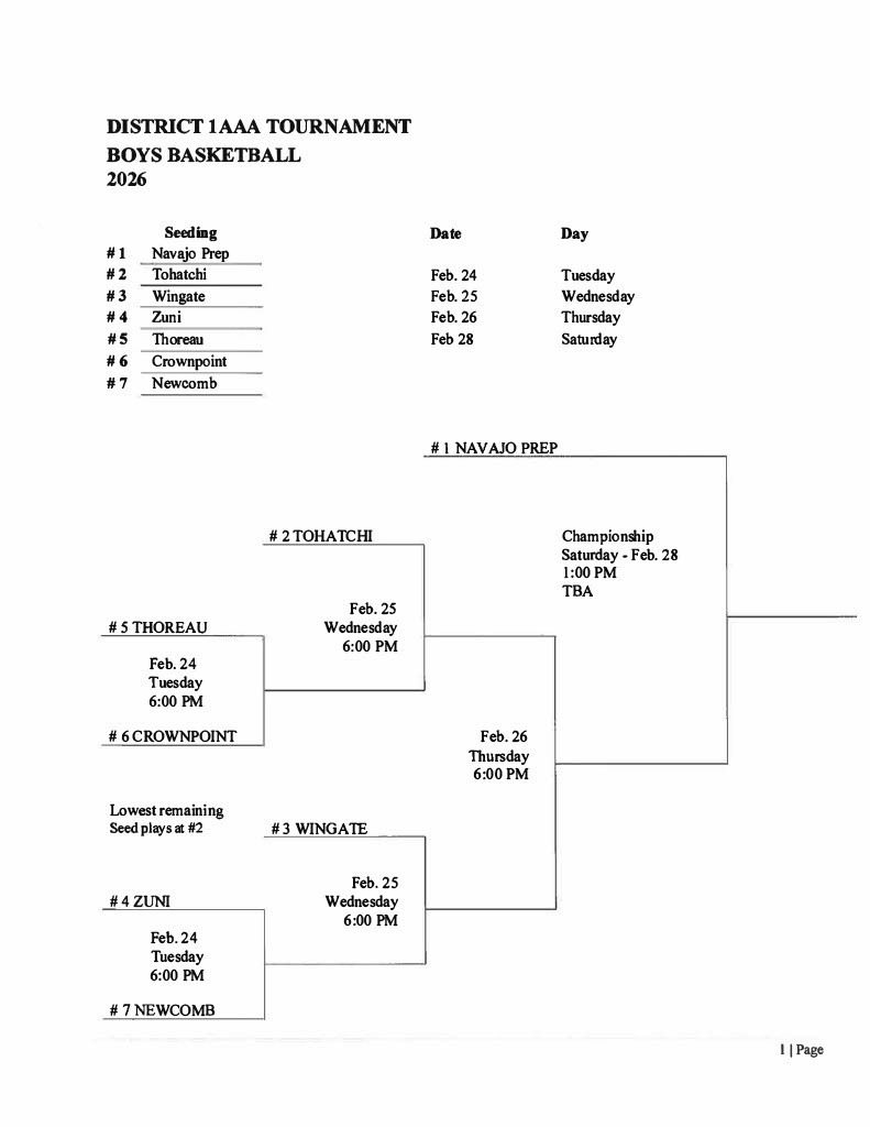 Document titled "District IAAA Tournament Boys Basketball 2026". Contains schedule and matchups with dates, times, and locations.