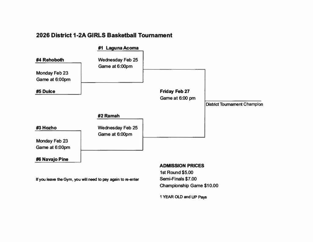 A white page with a bracket for a 2022 District 1-2A Girls Basketball Tournament. Text details team names, dates, and times.