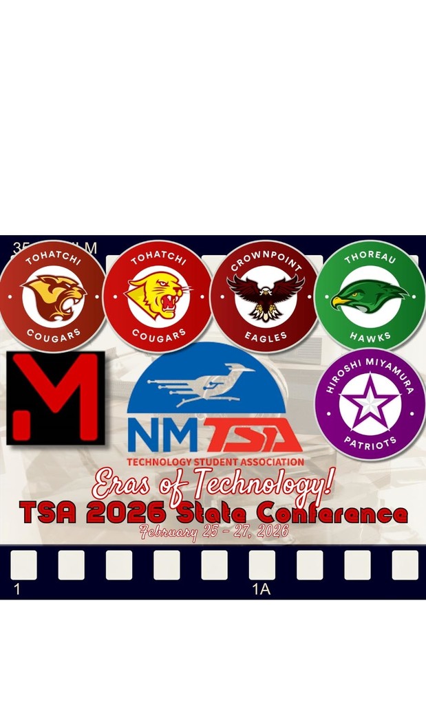 Conference badge displays a film strip with logos: NM TSA, Cougars, Eagles, Hawks, Patriots, and M. Centered: "TSA 2026 State Conference".