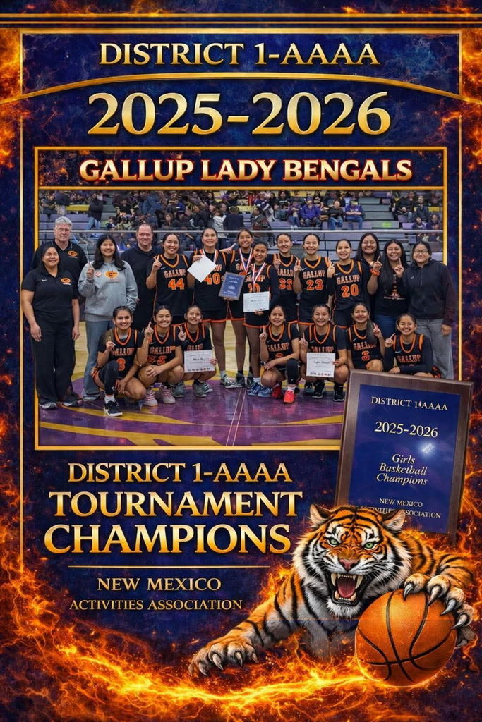 A team photo of the Gallup Lady Bengals basketball team stands on a court. They are holding certificates and medals. A tiger with a basketball appears below the text.