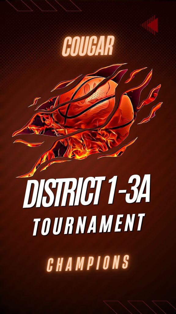 A poster with a basketball bursting into flames, labeled "Cougar District 1-3A Tournament Champions."