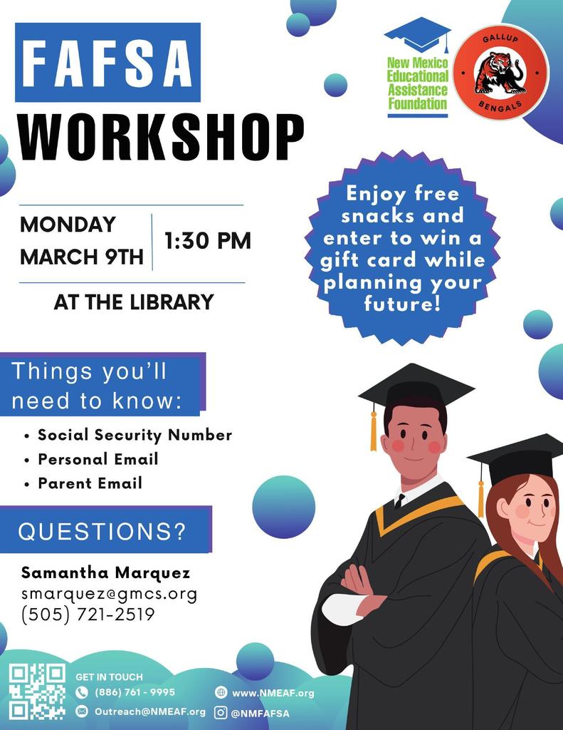 FAFSA Workshop Flyer held at Gallup High School on Monday March 9 at 1:30 PM