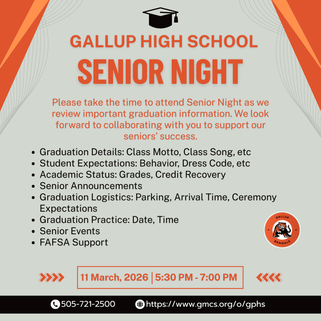 An event flyer for Gallup High School Senior Night with details on graduation, academics, and logistics.