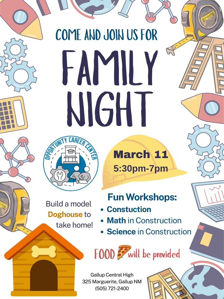 Flyer for Family Night with construction-themed elements like tools, gears, and a doghouse. Date: March 11, 5:30-7pm. Workshops include math, construction, and science. Food will be provided.