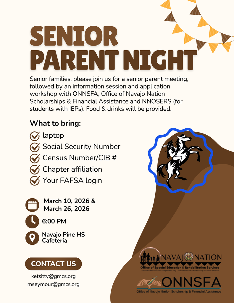 A flyer displays "Senior Parent Night" with details on the date, location, and items to bring.