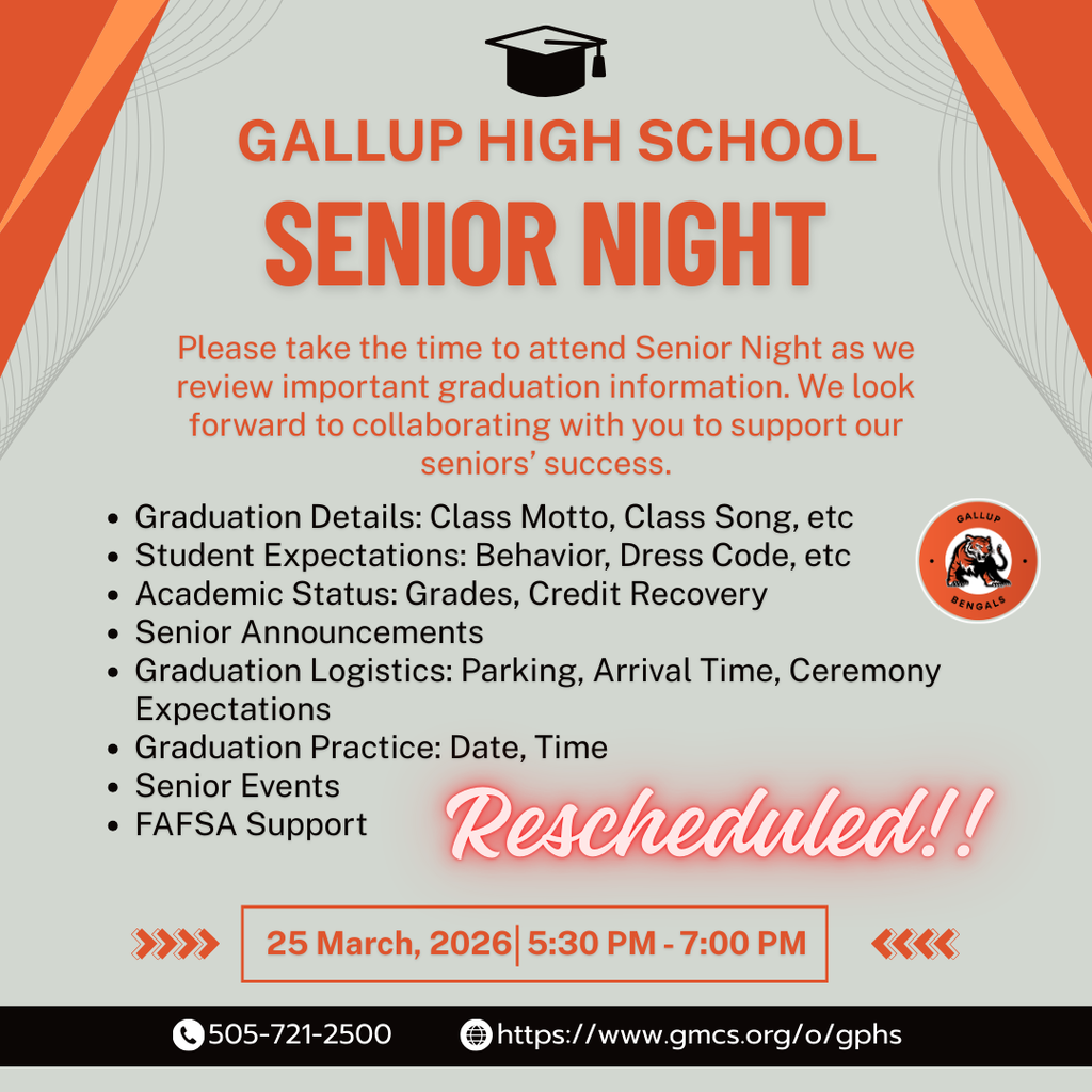 A poster for Gallup High School Senior Night includes text and a graduation cap icon. Details about the event are listed.