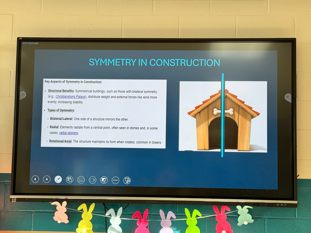 Monitor displaying a slide titled "Symmetry in Construction" with text and an image of a doghouse. Yellow wall behind the monitor.