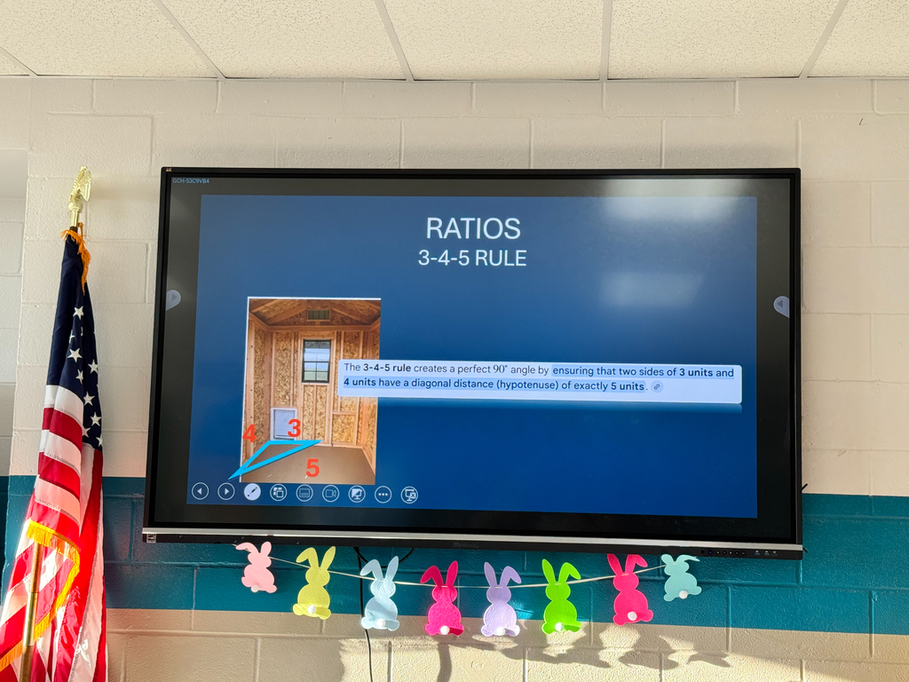 A classroom screen displays a lesson on ratios with a 3-4-5 rule. An American flag and Easter decorations adorn the wall.
