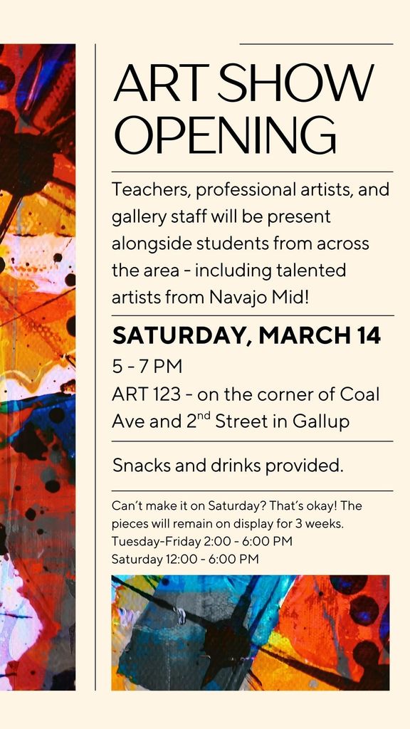Art Show Opening featuring work from our middle school students. Saturday, March 14 from 5-7 PM. Snacks and drinks provided.