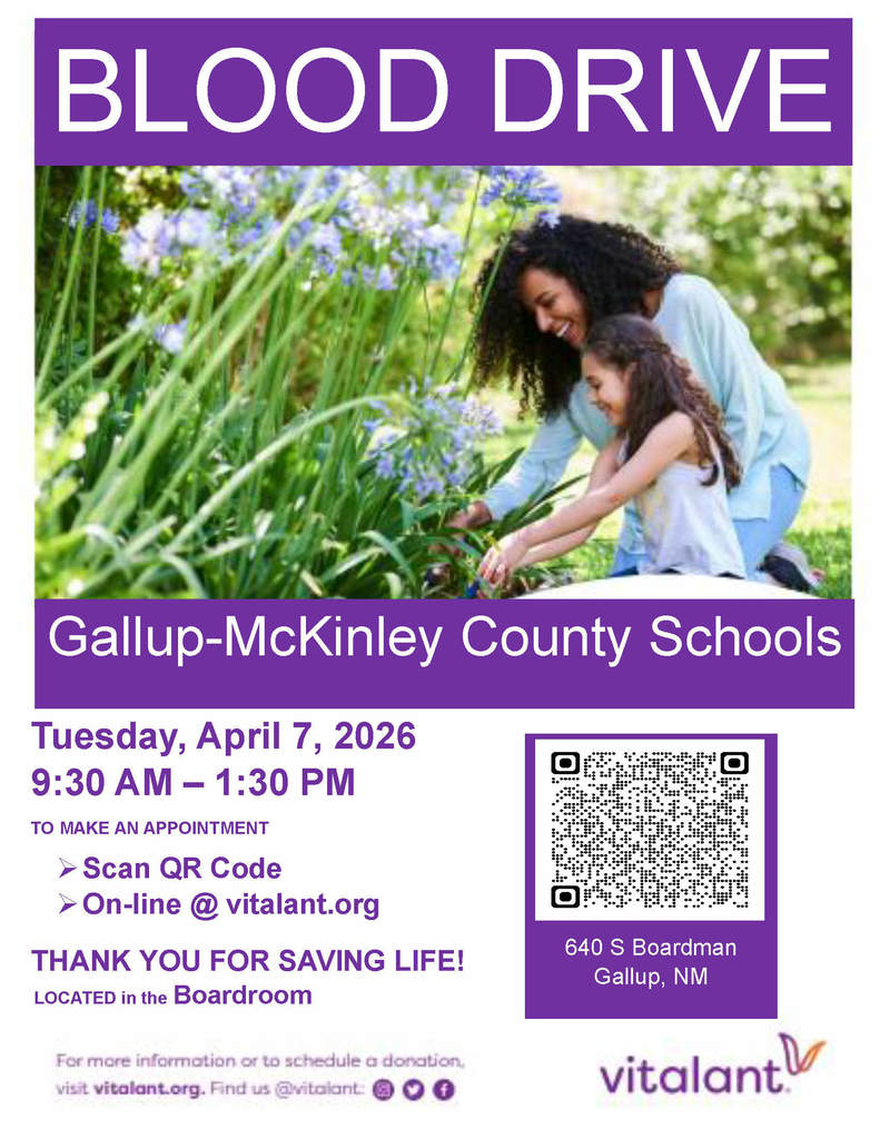 Poster for a blood drive with an adult and child tending to flowers. Date, time, and location details are included.