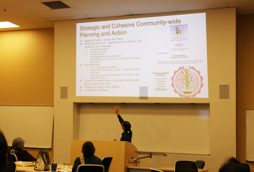 A presenter is pointing up to a screen with a slide titled "Strategic and Cohesive Community-wide Planning and Action".