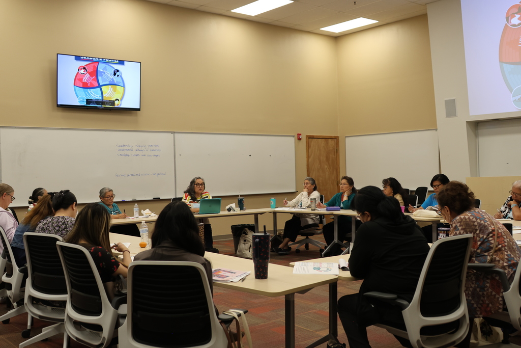 table are set up in a square in a room, round table meeting of people sitting down