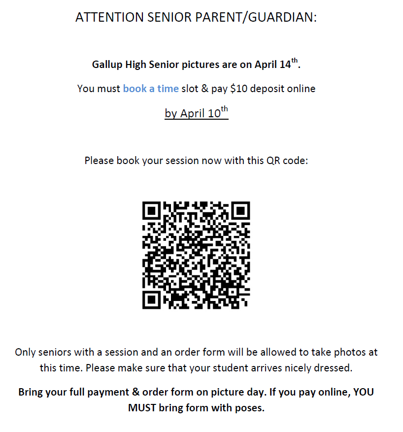 A notice with instructions for senior parents/guardians about booking photo sessions, including a QR code.
