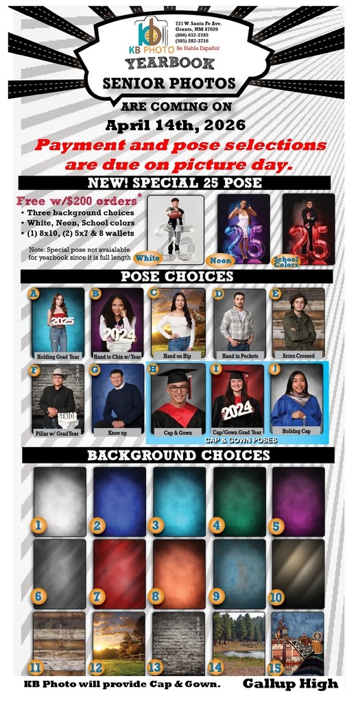 A promotional poster for yearbook photos. It lists dates, pose choices, and background options. The background is white.