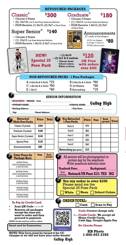 Document displays a table for senior photography packages and prices. Each package option includes details like number of poses, photo cards, and wallet-size prints.