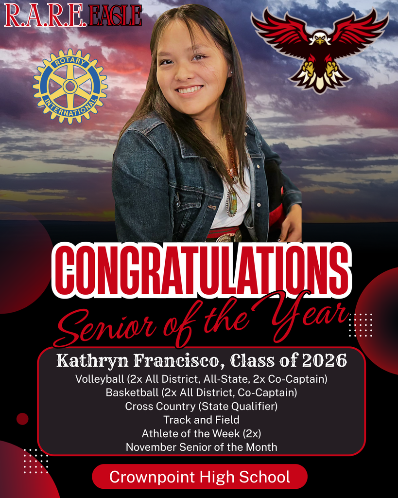 A poster with a sunset background and red eagle logo congratulates Kathryn Francisco, Senior of the Year, with achievements in sports.
