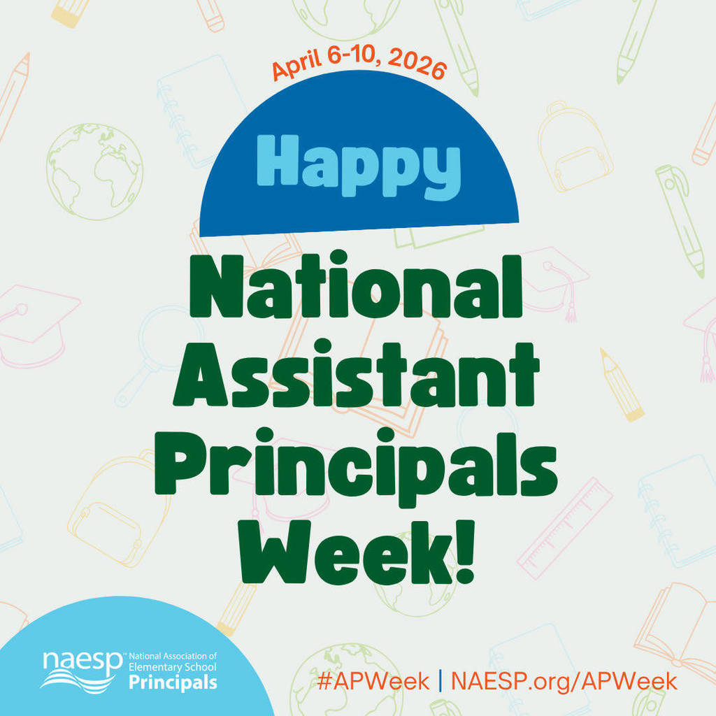 Poster for National Assistant Principals Week, April 6-10, 2026. Blue and green text on a multicolored background.